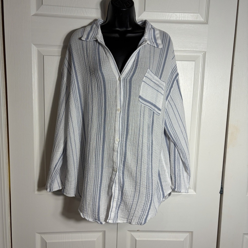 Kona Sol 100% Cotton Gauze Shirt Women M White Blue Striped Crinkle Pocket Top